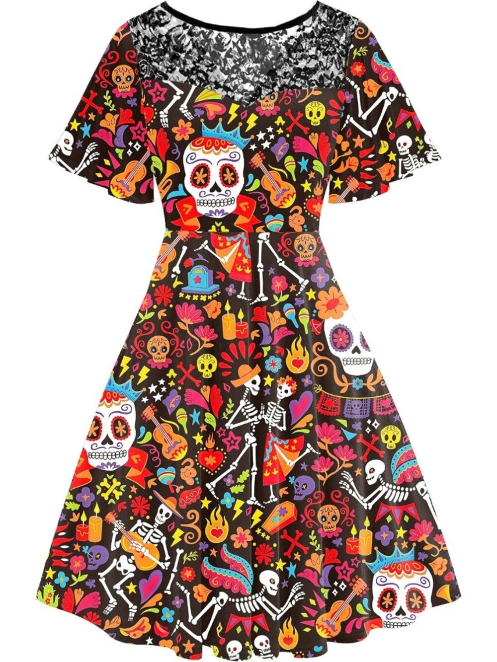 Women's Sugar Skull Halloween Neckline Lace Flutter Sleeve A-Line Party Dresses